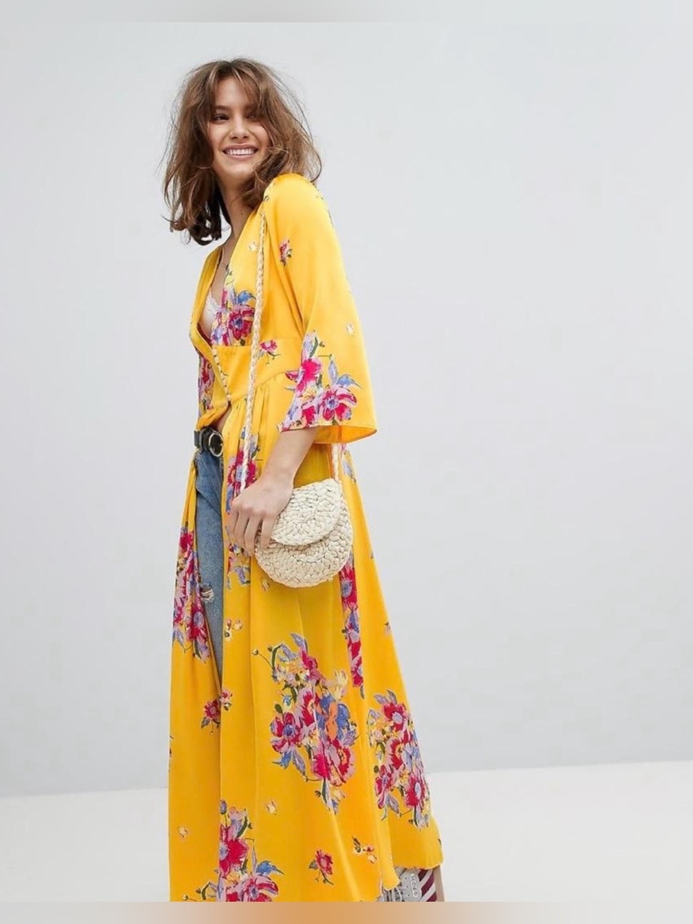 Free People Alexa Floral Duster Sun Yellow - M
